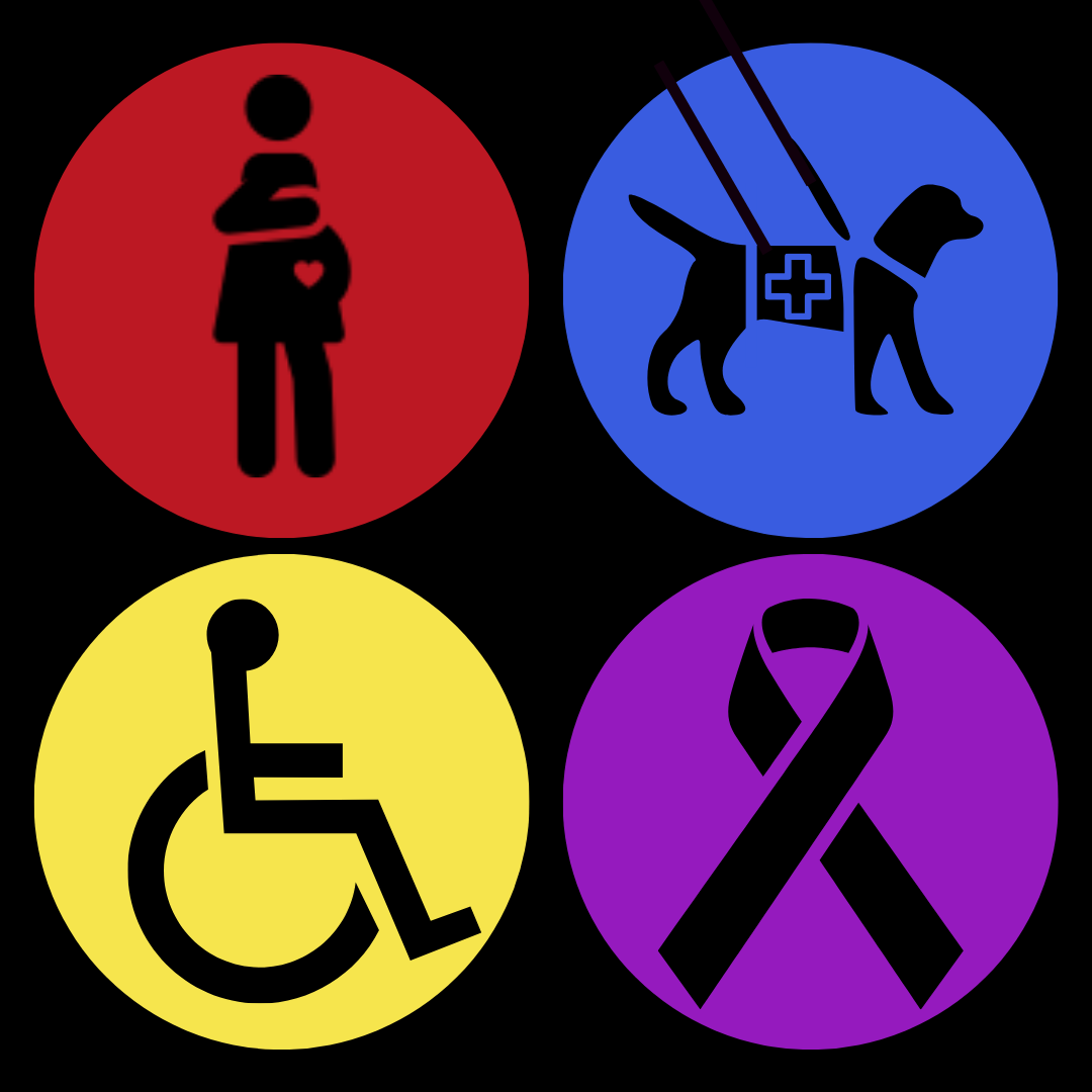 accessibility icons for pregnant, service animal, wheelchair and purple ribbon